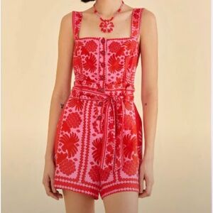Farm Rio Red Jungle Scarf Romper, Size Large